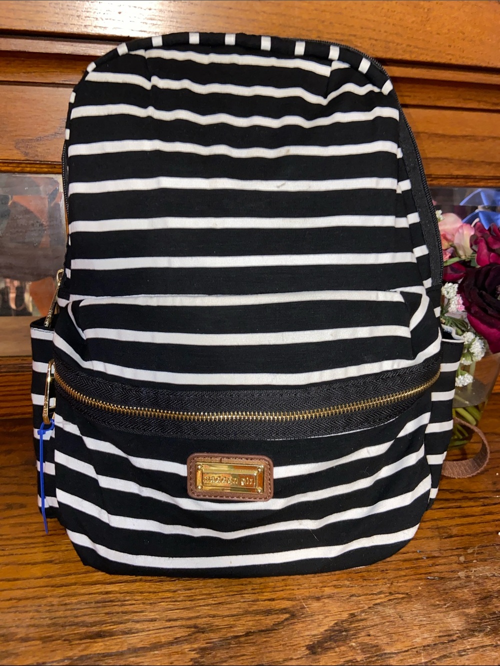 Madden Girl Black and White Striped Mini Backpack with Gold Trim